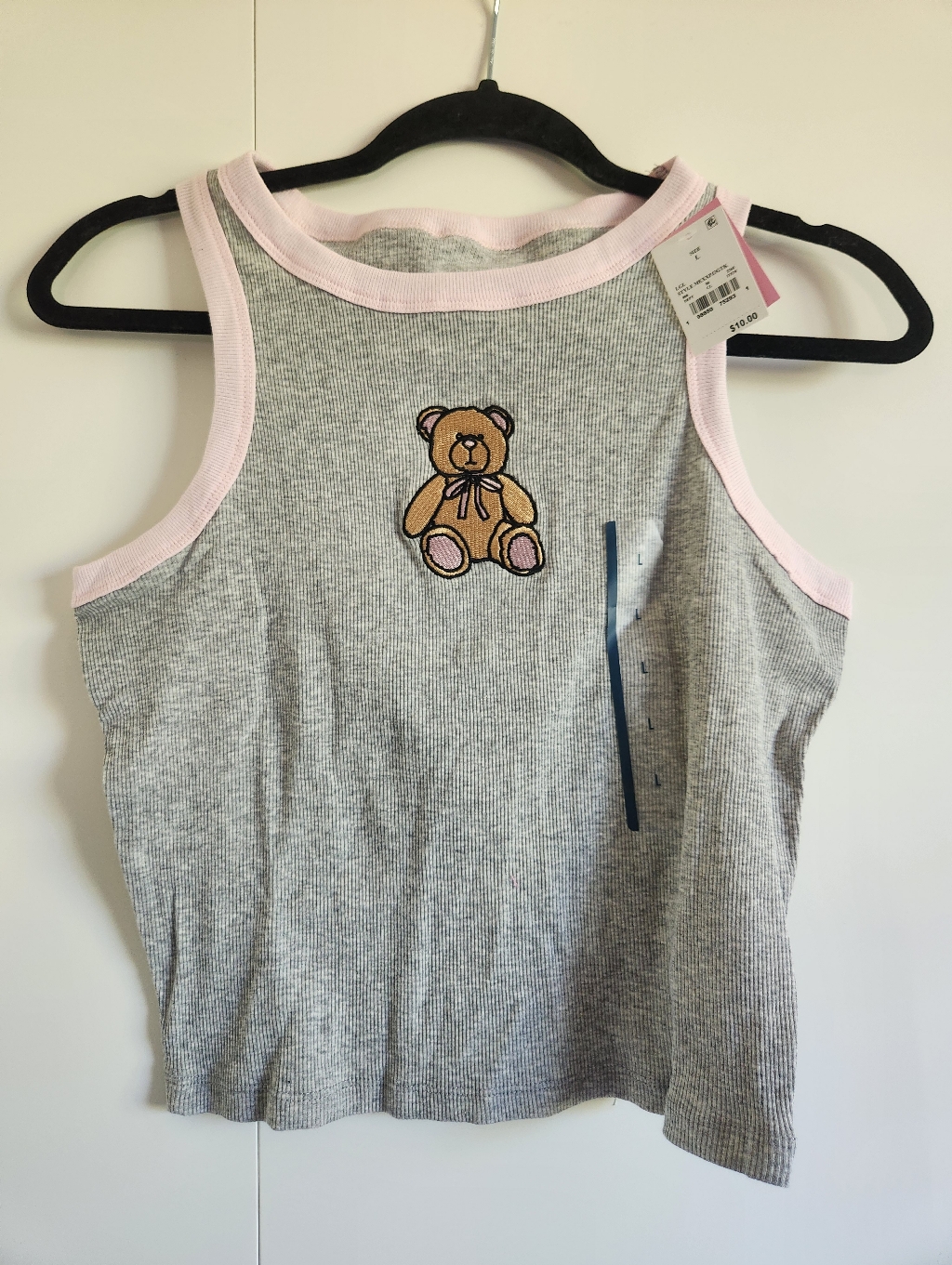 Mighty Fine Gray Ribbed Tank Top With Teddy Bear Patch Embroidery Pink Trim Nwt